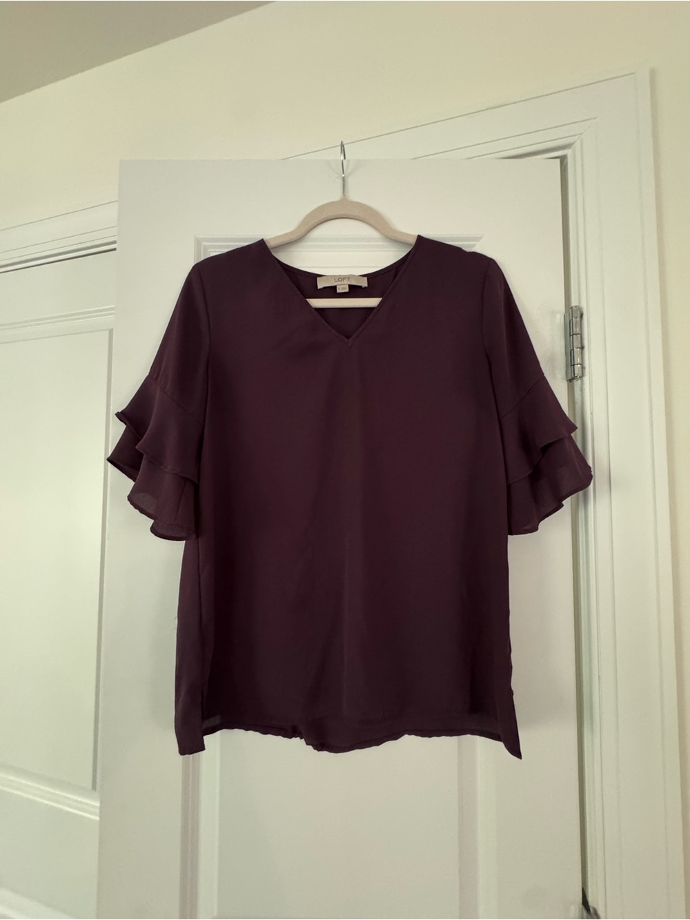 LOFT Plum V-Neck Ruffle Sleeve Blouse